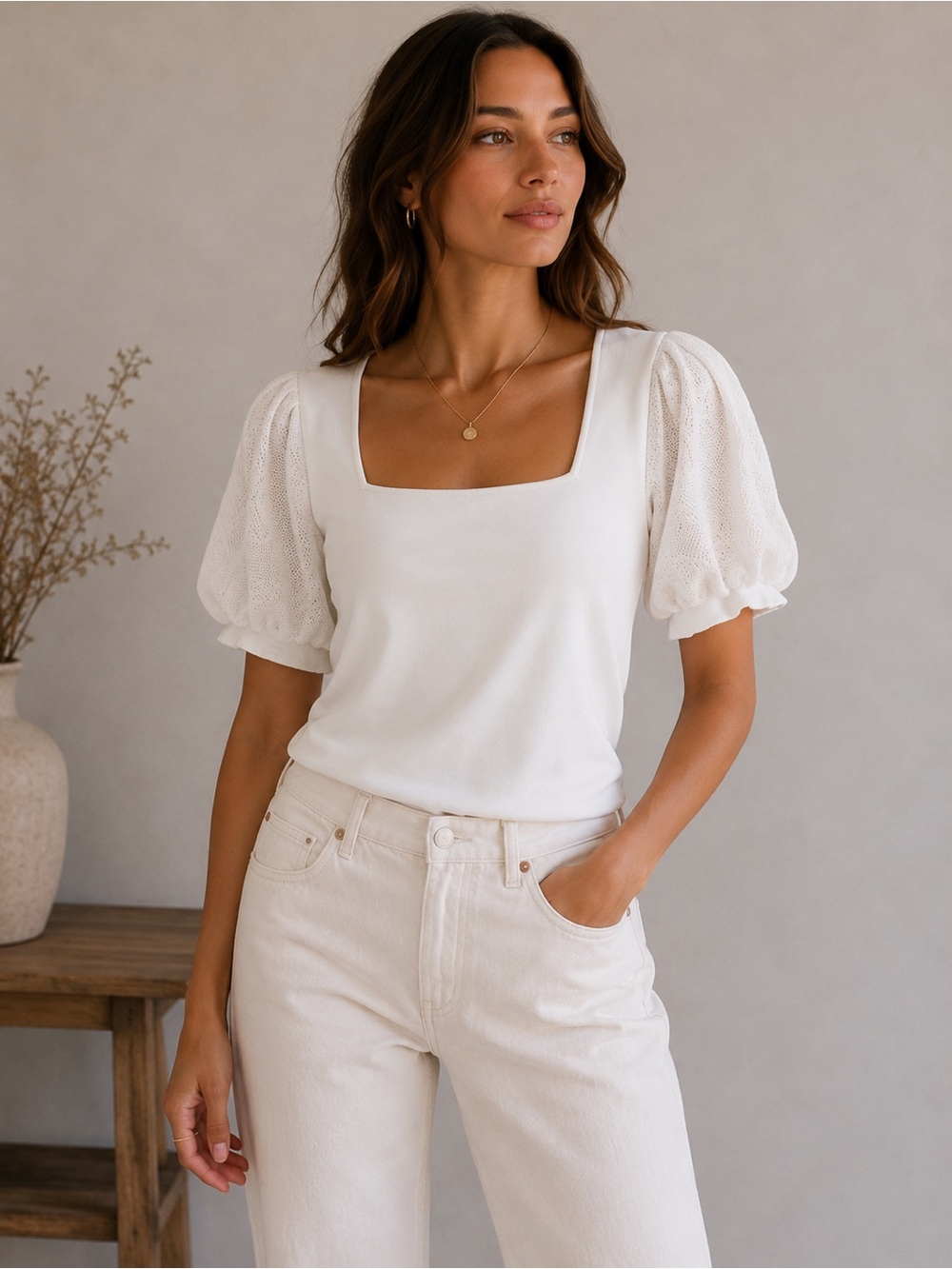 INC International Concepts White Puff Sleeve Square Neck Knit Top Size XL
